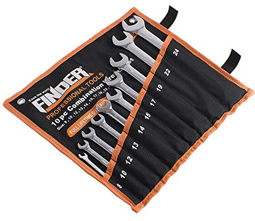 Finder BS192183D Combination Wrench Set, Open and Box End Metric Spanner Set, 8mm-24mm, Set of 10pcs (Mirror Finish)