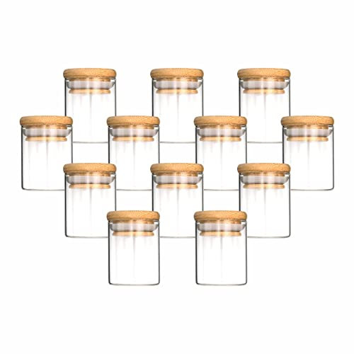 gouveo Lot de 12 récipients en Verre 50 ML Ronds en Verre borosilicaté avec Couvercle - Petits Pots de Conservation avec Fermeture - Pot de Conservation pour épices, Herbes