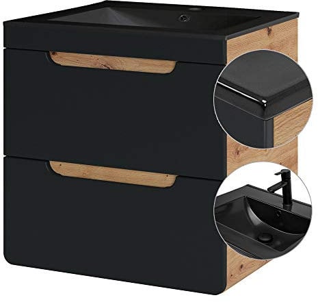 Lomadox Badezimmer Waschtisch Set mit 61 cm Keramik-Waschbecken schwarz, Unterschrank seidenmatt anthrazit & Wotan Eiche Nb., 2 Softclose-Schubkästen