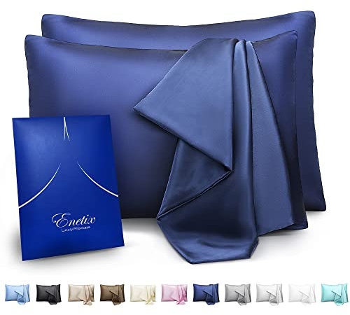 ENETIX Luxuriöser Seidensatin-Kissenbezug für Haar und Haut, 2 Stück mit Geschenkpaket, Akne-frei, versteckter Reißverschluss Kissenbezug, 50 × 75 cm, Marineblau