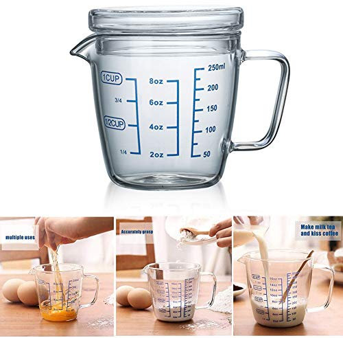 Glass Measuring Cup,250ml Heat Resistant High Borosilicate Transparent Measuring Jug with Lid and Scale Ounce Measure Mug for Microwave,Tea,Cafe,Whiskey,Milk (250ml)