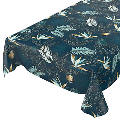 ANRO Wachstuchtischdecke abwaschbar Garten Tischdecke Wachstuch Rund Oval Eckig Indoor Outdoor Blätter Gold Blau 120x140cm