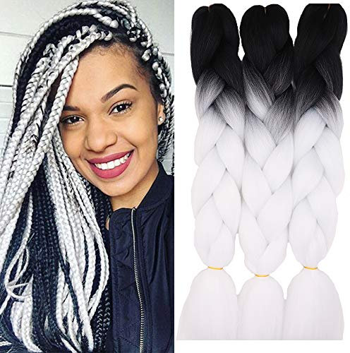 24 Braids Extensions Jumbo Braids Kunsthaar 3 Bündel Synthetik Crochet Hair Flechthaar Afro Box Braiding (Schwarzes & Weiß)
