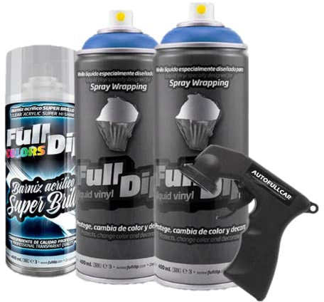 AutoFullCar - Pack 3 Spray Full Dip FULLDIP 2 Sprays Color a elegir + 1 Spray Barniz Brillo de Acabado Resistente (Azul Metalizado)