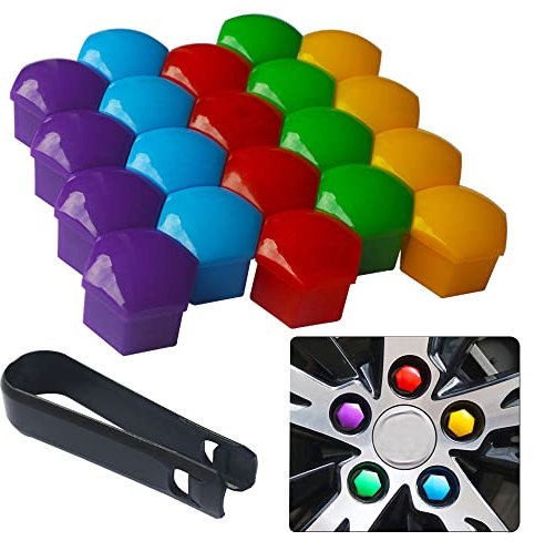 senvenelec 20 stücke Universal 17mm Kunststoff Nut Abdeckkappe Schraube Auto Mutter Covers Bolt Radkappen, Radschrauben 17mm Radmuttern Kappen.mit 1 stück Abziehhaken (fünf Farben).