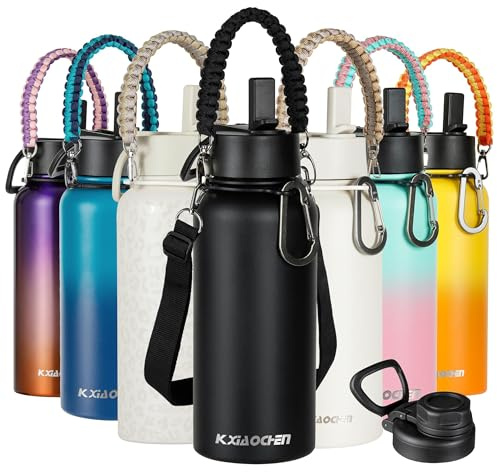KXIAOCHEN 946 ml Insulated Water Bottle with Handles and Paracord Strap, 2 Lids (Straw Lid & Spout Lid), Reusable Stainless Steel Water Bottle