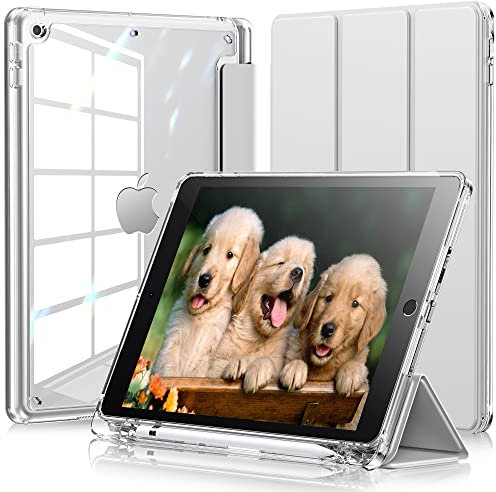 INFILAND Case Compatible with iPad 9th/8th/7th Generation 10.2 inch 2021/2020/2019 with Pencil Holder Crystal Clear Back 6-FT-Drop Shockproof Protection Soft Frame Slim Stand Tablet Cover, Silver
