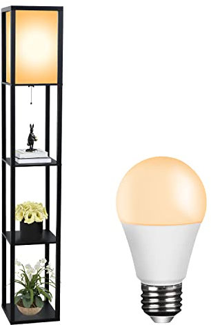 YU YUSING Lampadaire Étagère en Bois, 1.6m Lampadaire sur Pied avec 3 Étagère 4 Niveaux, Lampe de Plancher avec E27 Ampoule pour Salon Chambre Bureau, Noir