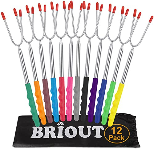 Briout Marshmallow-Bratstäbe, 12 Farben, extra lang, 114 cm, Edelstahl, Teleskop-Hot-Dog-Smores-Spieße, kindersichere Grillgabeln für Lagerfeuer, Lagerfeuer und Grill (12 Stück)