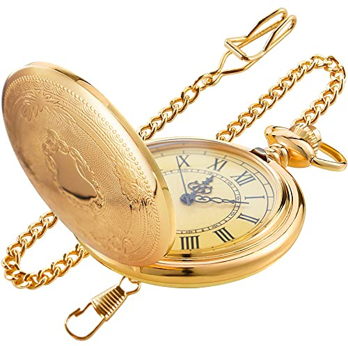 Tiong Goldfarbene Quarz-Taschenuhr mit glattem Schild, rundes Gehäuse, japanisches Uhrwerk mit Gürtelclip, Kette, Gold, Mb-cfj021, Modern