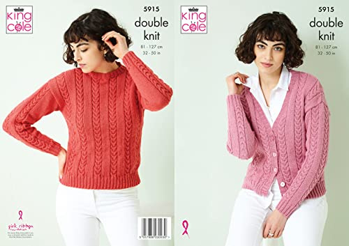 King Cole Ladies Double Knit DK Knitting Pattern Cable Sweater & Cardigan (5915), 32 - 50