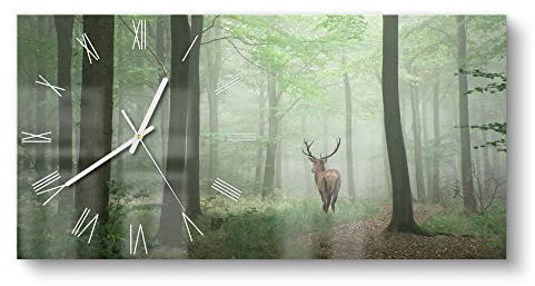 DEQORI Glasuhr | vertikal 60x30 cm | Motiv Hirsch zwischen Bäumen | große XXL Design Uhr aus Glas | leise Wanduhr für Wohnzimmer & Küche | Moderne Hingucker Uhr für die Wand