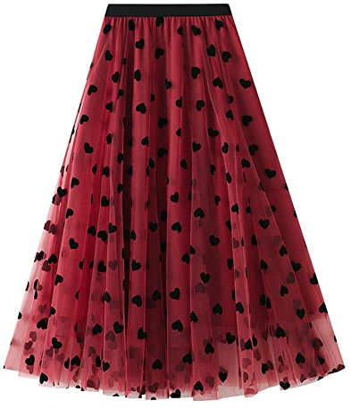 Odizli Rockabilly, gonna in tulle da donna, stile vintage, elastica, a vita alta, 3D, con stampa a cuore, linea A, Colore: rosso, L