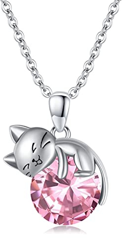 SLIACETE Collana in argento Sterling 925 a forma di gatto, per donne e ragazze, regalo per gli amanti dei gatti, 25 x 16 mm, Argento sterling, Tormalina rosa