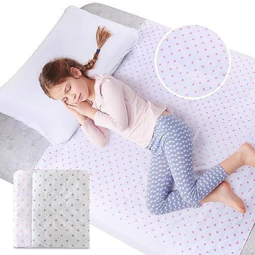 2 Pack Potty Training Bed Pads for Kids – 90x90cm Waterproof Mattress Protector | Reusable Washable Bed Mats for Bed Wetting | Incontinence Sheets for Toddlers, Children, Single Beds (Pink/Grey Stars)