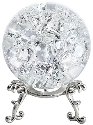 H&D HYALINE & DORA Presse-papiers boule de cristal ICE brisé 60mm, boule en verre de cristal avec support, décoration maison accessoires Fengshui ornement jardin de rocaille