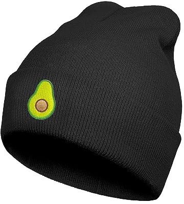 Ozrhuve Niedliche Beanie-Mütze für Damen, Strickmütze, bestickt, mit Manschetten, Totenkopfmütze, Halloween, Weihnachten, Geburtstag, Avocado-Stickerei, schwarz, Einheitsgröße