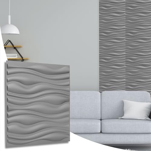 NOVECRAFTO Wave Effect 3D Wall Panels - 20 Sheets Covering 5 sqm | 53.82 sqf Interior Cladding Panels Set | 3D Wall Tiles Wave Design in Matt Silver Grey - Each Panel Size 19.6 x 19.6