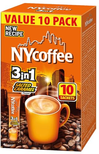 NYcoffee - 3in1 Instant Kaffee Salzkaramell - 10 Sachets x 14g, Cremiger Löslicher Kaffe, Milch & Karamell, Süß-Salziges Karamellaroma, Schnell Zubereitet, Perfekt für Zuhause & Unterwegs - 140g