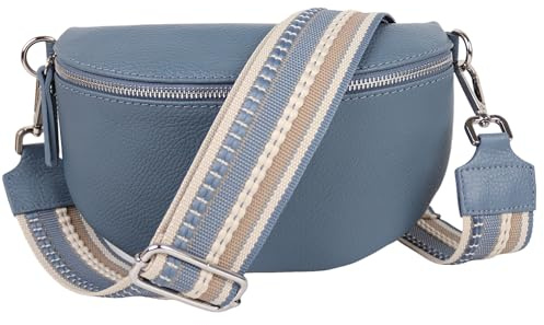 MIRROSI® Bauchtasche Damen, Echtleder, Made in Italy, Umhängetasche, Brusttasche, Crossbody Bag (1 Tasche & 2 Gurte) (Jeansblau (Streifen Jeansblau), Kleine Tasche (22x13x6cm))