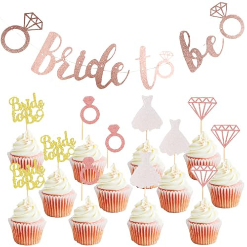 KOBOKO JGA Deko Frauen Bride to Be Girlande Rosegold, Bride to Be Banner Deko, Bride to Be Cupcake Toppers, JGA Accessoires Frauen, Wedding Tortendeko Glitzer, Hochzeitsbanner Draußen für Party Braut