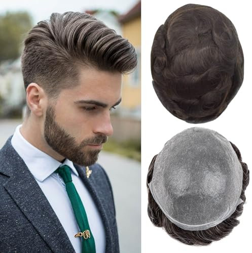 Herren Toupet Echthaar Ultradünnes 0,03mm Hauttoupet für Männer Leichtes Haarteil mittlerer Dichte Basisgröße 8x10 Zoll 100% Echthaar System für Männer（#3）