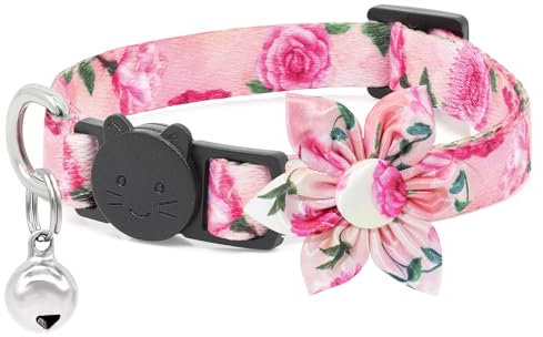 Cat Bowtie Collar Floral Rose Flower Cat Collar with Bells Breakaway Kitten Puppy Collar Pink Cat Collars for Girl Cats(Rose Pink)