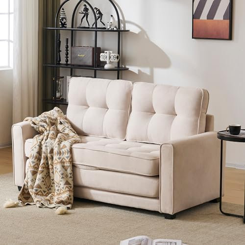 Merax Sofa für 2 Personen Schlafsofa Wohnzimmersofa Sofa mit Taschen an der Seite, Polstersofa Beige