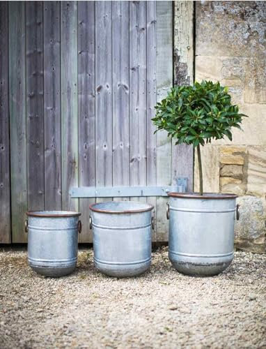 Galvanised Malmesbury Planter - 3 Sizes, Rustic Grey Metal Plant Pot Bucket with Handles, Metal Dolly Tub Planter, Grey Garden Barrel Drum, Garden Plant Pot, Outdoors Planter, Large Metal Pot (Medium)
