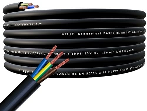 SHPELEC® FLEXIBLE Black Cable 3183Y 0.75mm, 1.0mm, 1.5mm, 2.5mm BASEC Approved Black PVC LED Lighting 5m 10m 15m 20m 50m (1.5mm 3 Core - 100 metres)