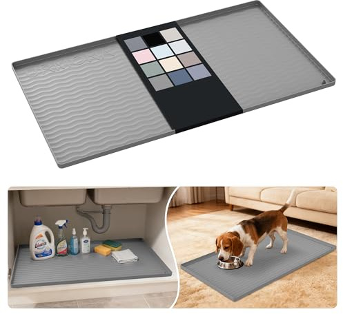 URMONA Tapis sous Évier en Silicone 48 x 86 cm, Protection Meuble Étanche | Plateau de protection, rebord anti-fuite, fond antidérapant, cuisine, salle de bain, buanderie, garage, sous lavabo (Beige)