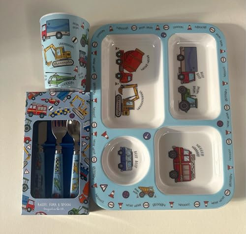 Vehicle Dinner Set 5 Piece Kids Dinner Set Tableware Lunch Reusable Plate/ 3 Cutlery/Cup/Tray Lightweight Premium Dinnerware Set by PADMASHRE
