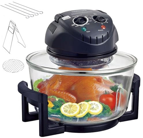Multi-function Halogen Oven, 12L Halogen Air Fryer with Adjustable Temp & Timer, 1300W Countertop Halogen Oven Air Fryer, Retains Nutrients & Flavours, for Bake Grill Steam Broil Roast BBQ black