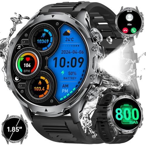 SUNKTA Orologio da uomo militare con batteria 800 mAh, torcia elettrica da 1,85 grande schermo, 107 modalità sportive, impermeabile IP68 frequenza cardiaca/SpO2/sonno Smartwatch per Android iOS