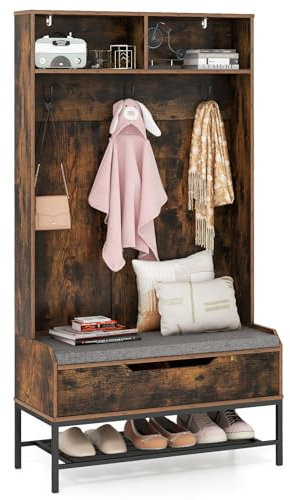 COSTWAY Garderobenständer mit Sitzbank, 4 in 1 Garderobe mit offenen Fächern, Schuhschrank & 3 Haken, Kleiderständer mit Sitzkissen, Flurgarderobe für Eingang, Wohnzimmer, 90 x 38,5 x 170 cm (Braun)