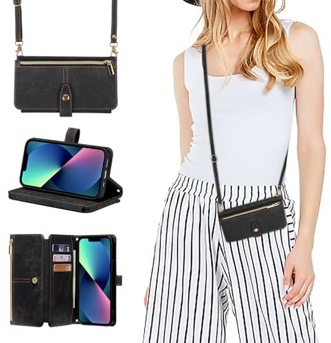 ZCDAYE Wallet Phone Case for iPhone 16e with Long Lanyard Wrist Strap, Premium Leather Protective Phone Cover Useful Women Ladies Holster Flip Zip Cases for iPhone 16E (6.1 inch), Black