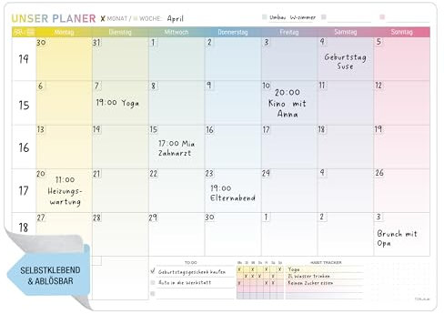TOBJA Monatsplaner abwischbar – A3 selbsthaftender Wochenplaner – Whiteboard Planer für Wand, Kühlschrank & Tür – Familienkalender für bis zu 5 Personen