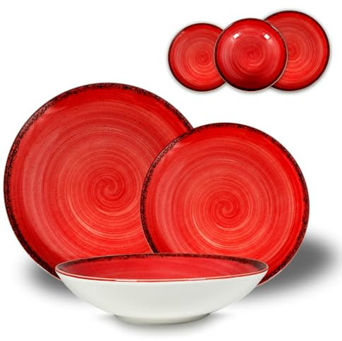 ARCA, Set 18 Piatti Coordinati Pepper in Porcellana Decorata, Servizio per 6 Persone, con Piatti Fondi, Piani e da Dessert, Moderni e Colorati, Lavabili in Lavastoviglie, Colore Rosso