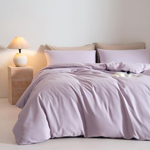 Nyescasa Housse de Couette Coton 200x200 Violet Clair Couleur Unie Parure de lit Adulte 2 Personnes 100% Coton Oeko-TEX Sets de Housses de Couettes avec Fermeture Éclair et 2 Taies d'oreiller 65x65 cm