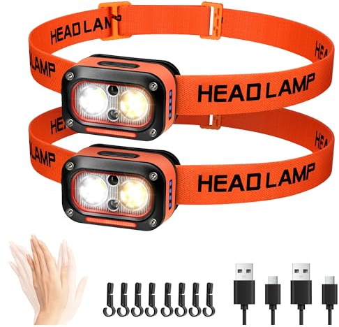 DARKBEAM Lampada Frontale Luce Testa LED Ricaricabile USB Alto Lumen, Lampada da testa per Casco con Sensore di Movimento, Torcia Frontale Luce Rossa per Campeggio, manutenzione Auto, 2 Pezzi