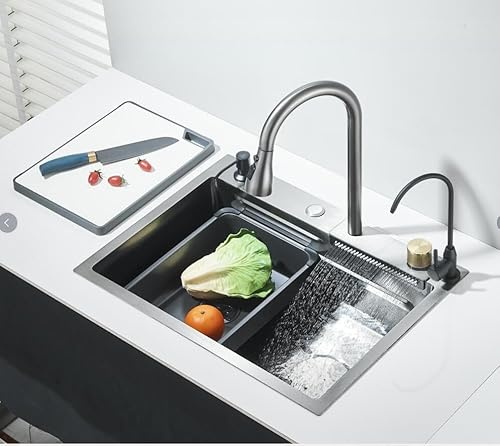 Stainless Steel Kitchen Sink with Cup Rinser, Tap, Large Single Bowl with Soap Dispenser, Waterfall and Rain Function, 4-Function System, Sink Colour: Silver, 60 x 45 cm