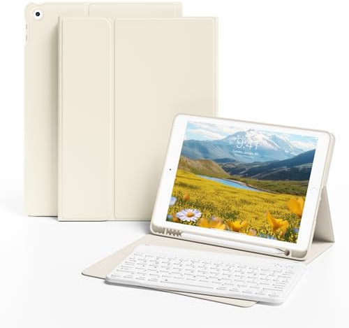 KVTVOU Case With Keyboard for iPad 9th / 8th / 7th Generation 2021/2020/2019 10.2 Inch, Soft TPU Case with Pencil Holder, Magnetic Detachable Bluetooth English Keyboard for iPad 9/8/7, Cream White
