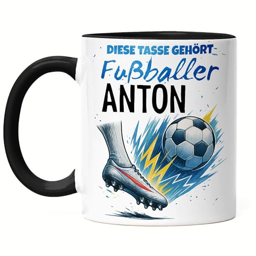 Kiddle-Design Fußball Tasse Personalisiert mit Namen | Fussball Kindertasse für Jungen & Mädchen | Fußballer Geschenk zur Einschulung, Kommunion, Konfirmation und Geburtstag, Namenstasse Schwarz