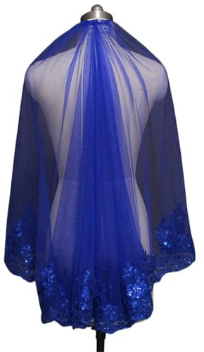 AHIOJEGX Brautschleier Blauer Bling Pailletten Spitze Kurzer Brautschleier Eine Schicht Schöner Hochzeitsschleier Hochzeit Braut Zubehör(100cm)