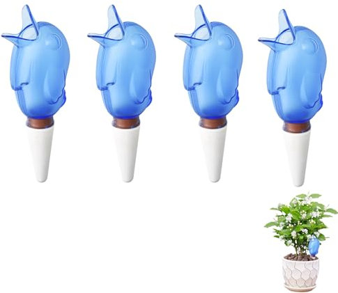 Vogel Tonkegel Bewässerung, 4er Set Wasserspender Pflanzen Vogel, Automatische Ton Bewässerungskugeln Zimmerpflanzen, Wasserspender Terrakotta Stiel für Pflanzen Blumen Bewässerung Indoor (Blau)