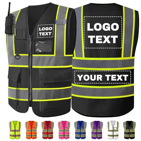WolunLi Personalisierte Warnweste mit Logo Bedrucken, Sicherheitsweste mit Namen Text reflektierende Warnwesten mit Taschen, Warnweste Bedruckt für Unternehmen