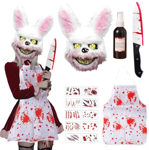 Huifengjie Bloody Bunny Maske, Halloween Maske Horror Hasenmaske, Gruselige für Erwachsene, Schürze geliefert Kunstblut, Machete, für Halloween Kostüm Karnevalsparty Cosplay Maskerade
