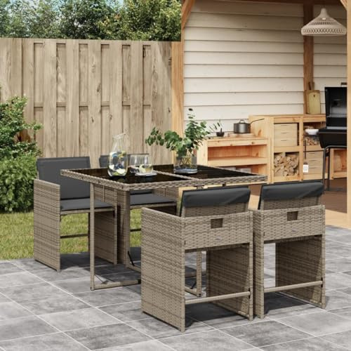 Teenpull Juego de 5 sillas plegables de ratán de color gris, mesa de cristal templado, resistente a los rayos UV, 110 x 106 x 73 cm, para terraza, balcón y jardín