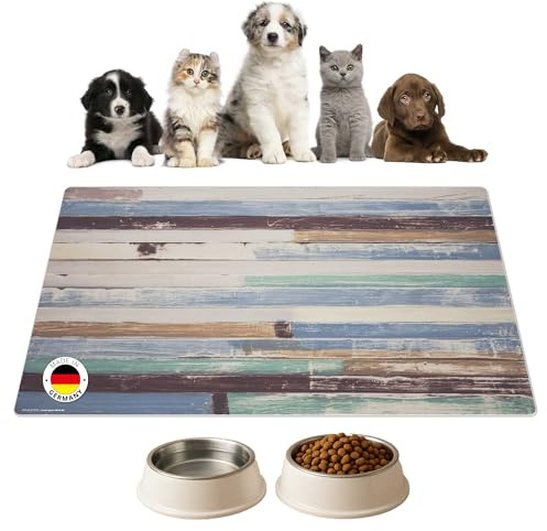 Napfunterlage | Futtermatte für Hunde und Katzen „Holz in blauen Pastellfarben “ aus Premium Vinyl - 60x40 cm – rutschhemmend, abwaschbar, reißfest - Made in Germany