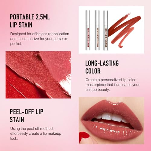 3 Stück Peel Off Lipliner Stain Set,Abziehbare Lip Tint Tattoo mit Hochpigmentierter Farbe,Wasserfest & Langanhaltend,Transferproof & Smudgeproof Lip Make-up,Rotbraun,Kaffee-,Kakaofarben